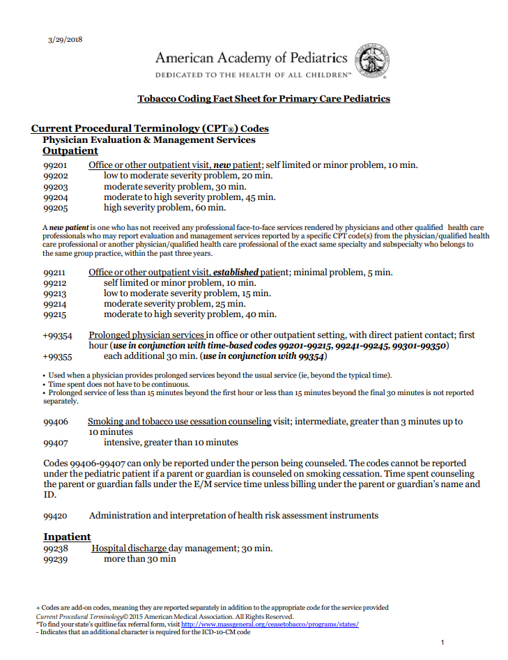 Tobacco Coding Fact Sheet For Primary Care Pediatrics - Implementing ...